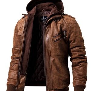Men's Suede Brown Leather Moto Jacket With Removable Hood